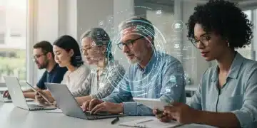 Adults engaging in online learning with diverse digital tools, representing future trends.