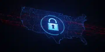 Digital lock over US map, binary code, representing cybersecurity breach and new government guidelines.
