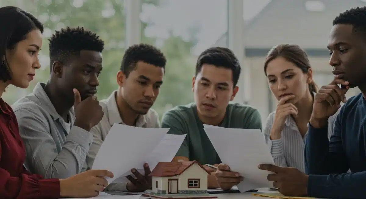 Diverse homeowners discussing federal housing policy impacts on their properties