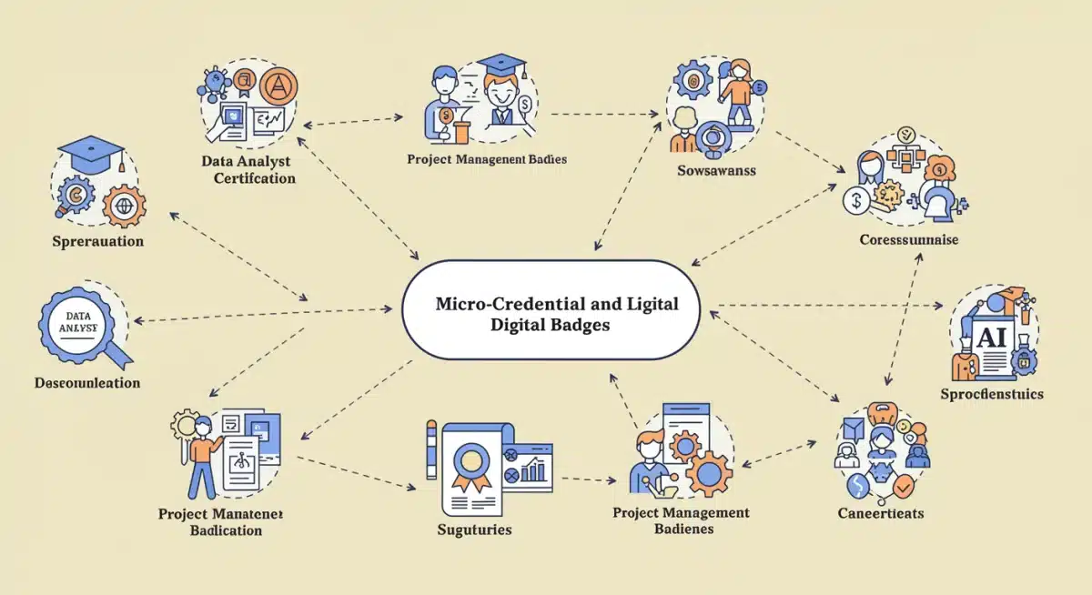 Infographic showing diverse micro-credentials and digital badges for skill development.