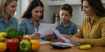 Family reviewing financial documents and groceries, symbolizing SNAP eligibility and benefit changes