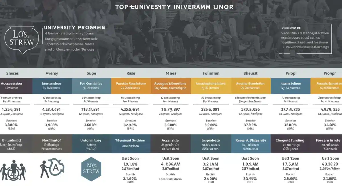 Infographic comparing US university program metrics like acceptance rates and graduate salaries.