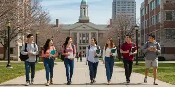 Diverse students on a US university campus, symbolizing academic pursuit.