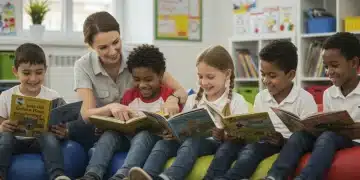 Children happily reading in a classroom with a supportive teacher, fostering literacy skills.