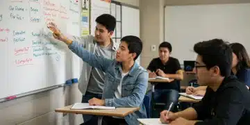 High school students collaborating on college readiness activities in a modern classroom.