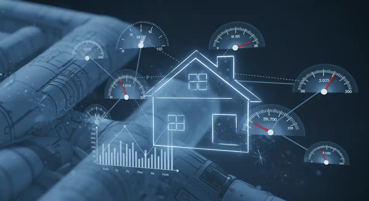 Economic indicators influencing mortgage rates, including interest rates, inflation, and employment data, with a housing blueprint.