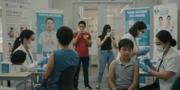 Healthcare workers administering flu shots to diverse individuals in a clinic, promoting public health.