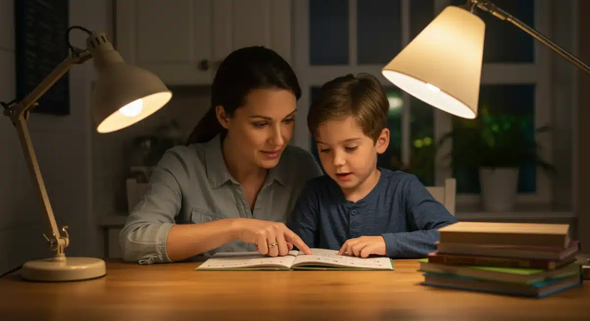 Parent and child reading together at home, practicing literacy skills.
