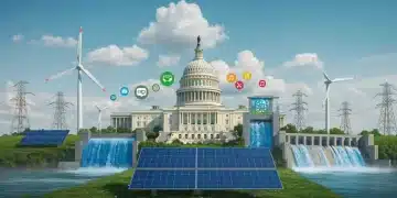 Illustration of diverse renewable energy sources powering a futuristic grid with U.S. Capitol in background.