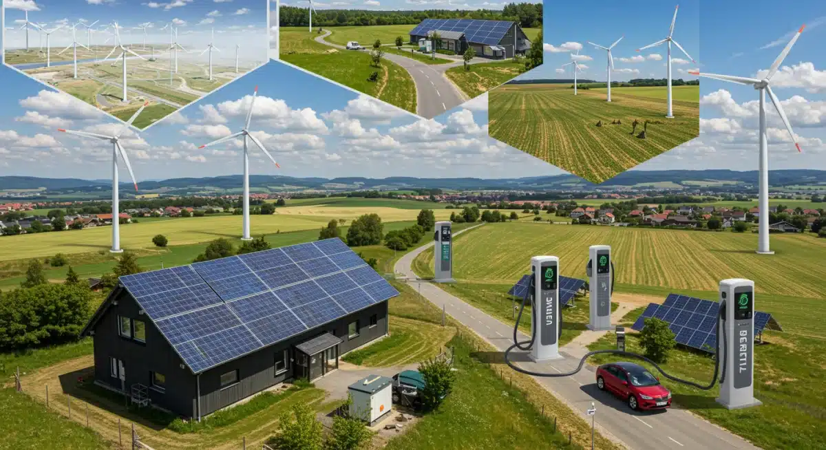 Illustration of diverse renewable energy sources powering a modern community, emphasizing sustainable investment.