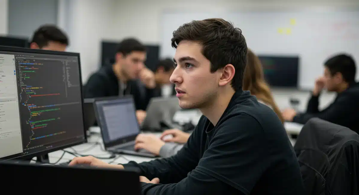 Student engaged in a practical coding session, developing digital proficiency.