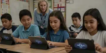 Students engaging with AI educational tools in a K-12 classroom.