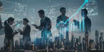 Dynamic financial charts showing growth over a US city skyline, symbolizing investment opportunities.