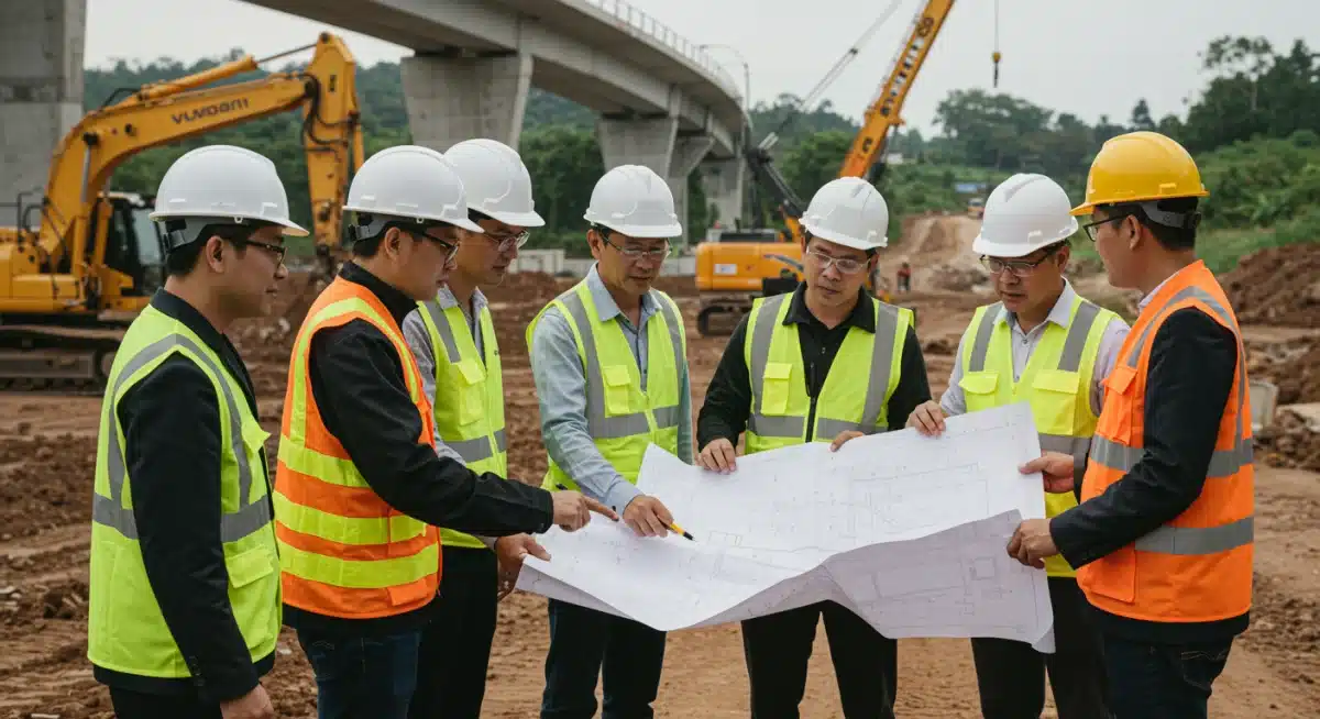 Construction workers reviewing blueprints on a job site with heavy machinery