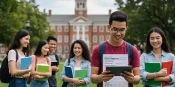 Diverse college students on campus, one reviewing financial aid form