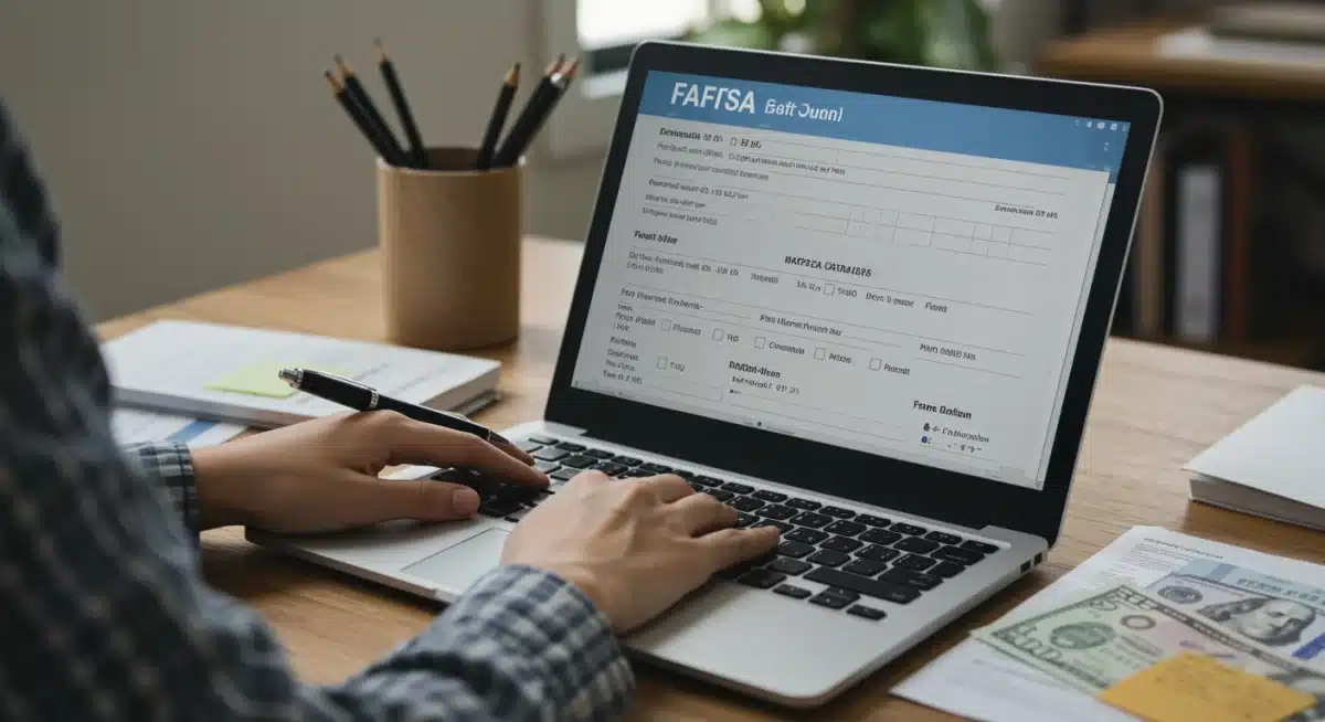 Hand completing FAFSA form on laptop with financial documents