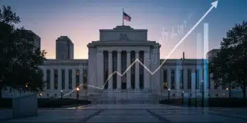 Federal Reserve building with financial graphs indicating market changes