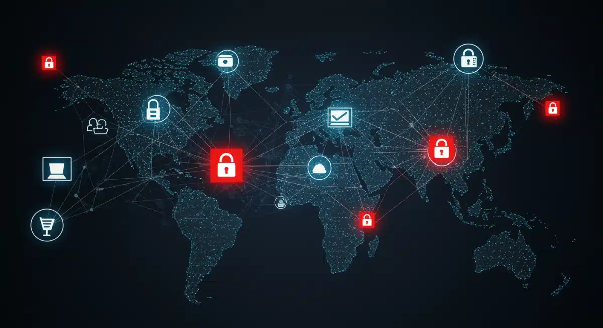 Complex network diagram showing compromised systems, illustrating the widespread impact of cyberattacks.