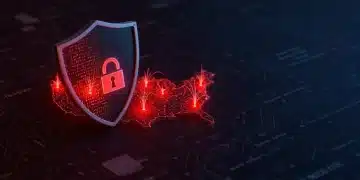 Digital shield over U.S. map, symbolizing a 40% increase in cybersecurity threats during Q1 2026.