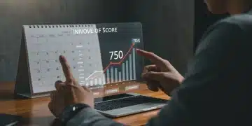 Person viewing a high credit score on a screen, symbolizing credit improvement success.