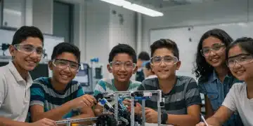 Diverse students collaborating on robotics project in modern STEM lab