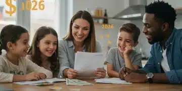 Family reviewing financial documents, anticipating Child Tax Credit benefits in 2026