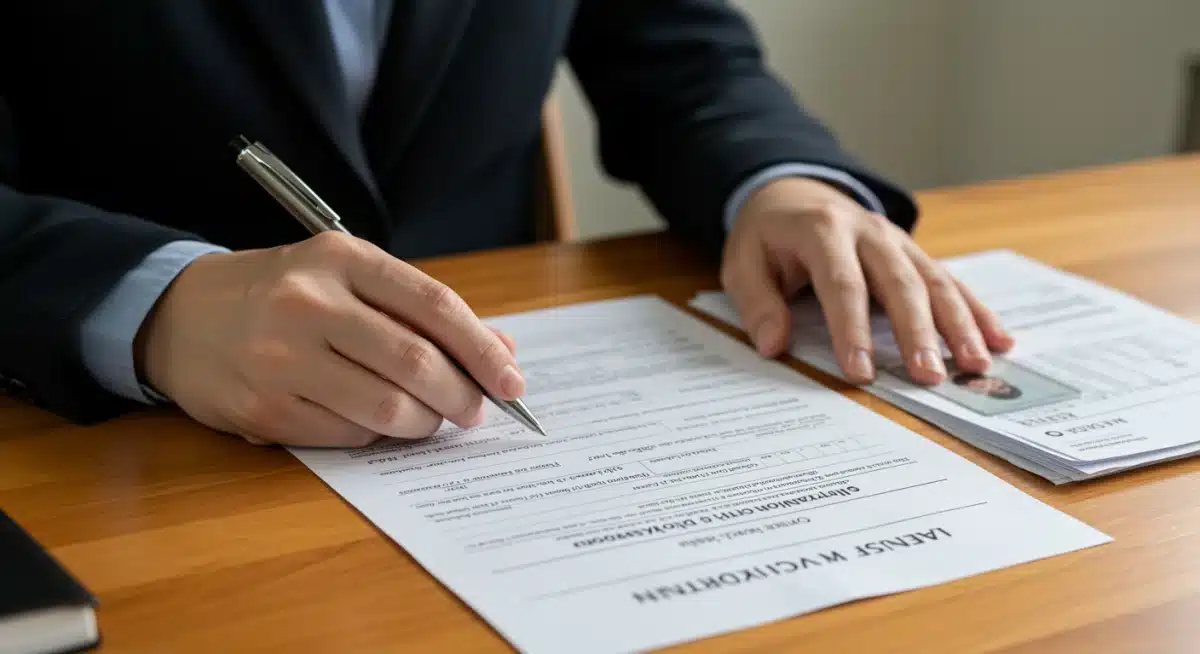 Hands filling out unemployment benefits application form with supporting documents