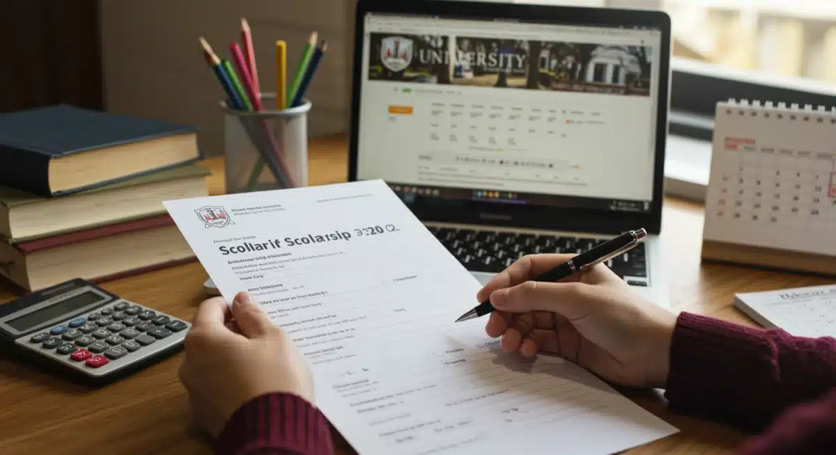 Hand filling out scholarship application form with January 2026 calendar