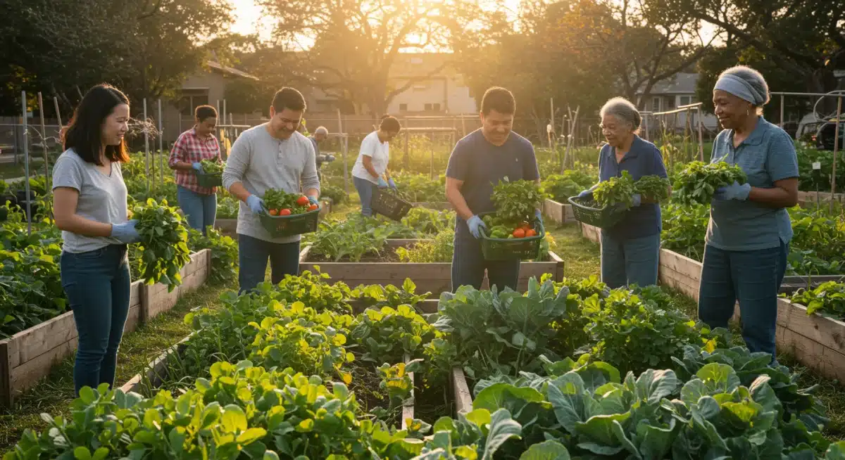 Community garden showing individuals harvesting fresh produce, emphasizing food security.