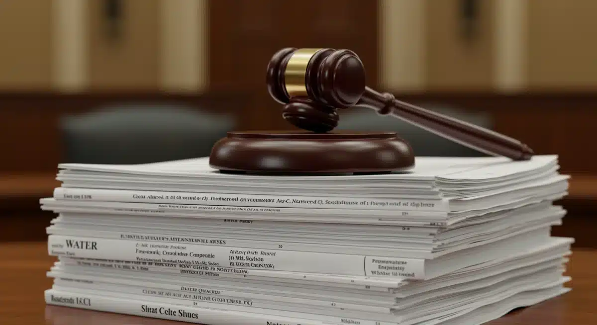 Legislative documents on clean air, water quality, and renewable energy, with a gavel, symbolizing congressional review.