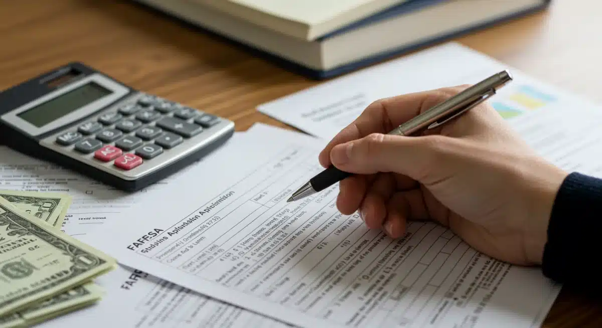 Hand filling out a FAFSA form, surrounded by financial documents and a calculator.