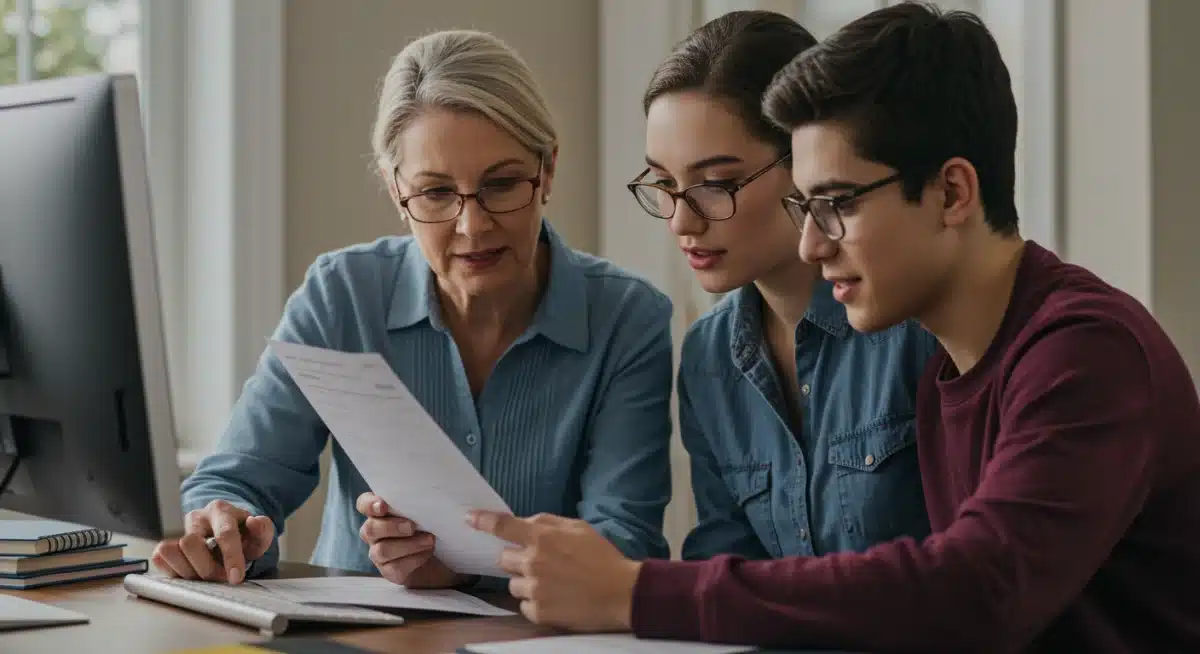 Parent and student reviewing college financial aid award letters on a computer.