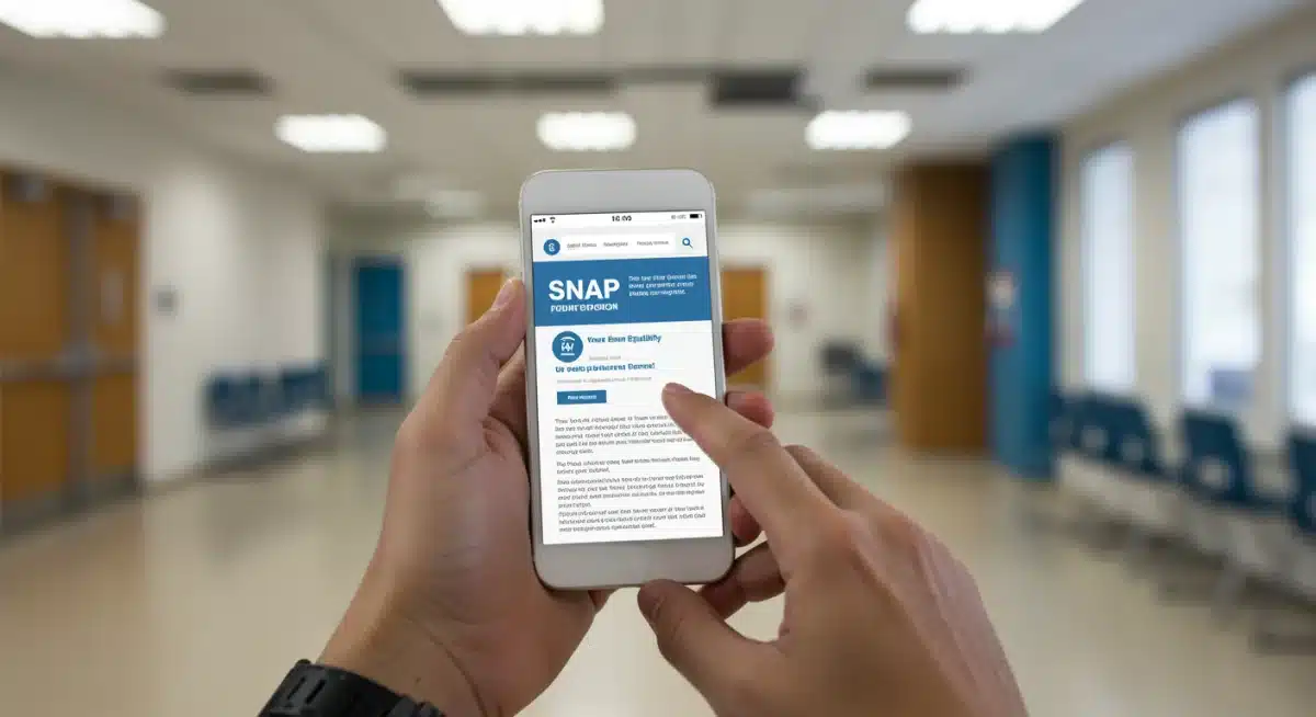 Hands using smartphone to check SNAP eligibility and application details.