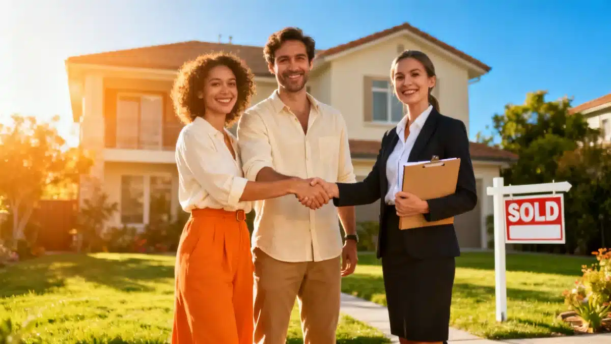 Happy couple buying a home with a real estate agent, overcoming market challenges