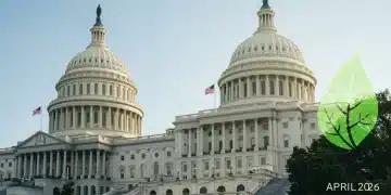US Capitol with green leaf motif, symbolizing advancing environmental protection legislation for April 2026 vote.