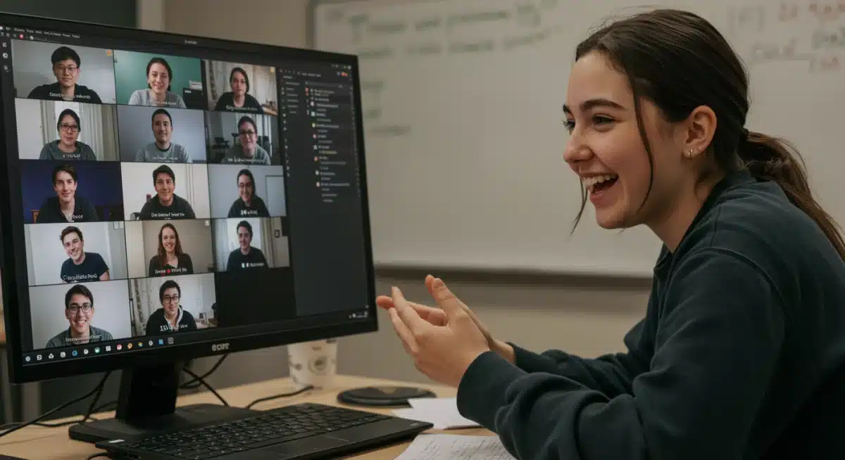 Student actively participating in a virtual group discussion for online learning