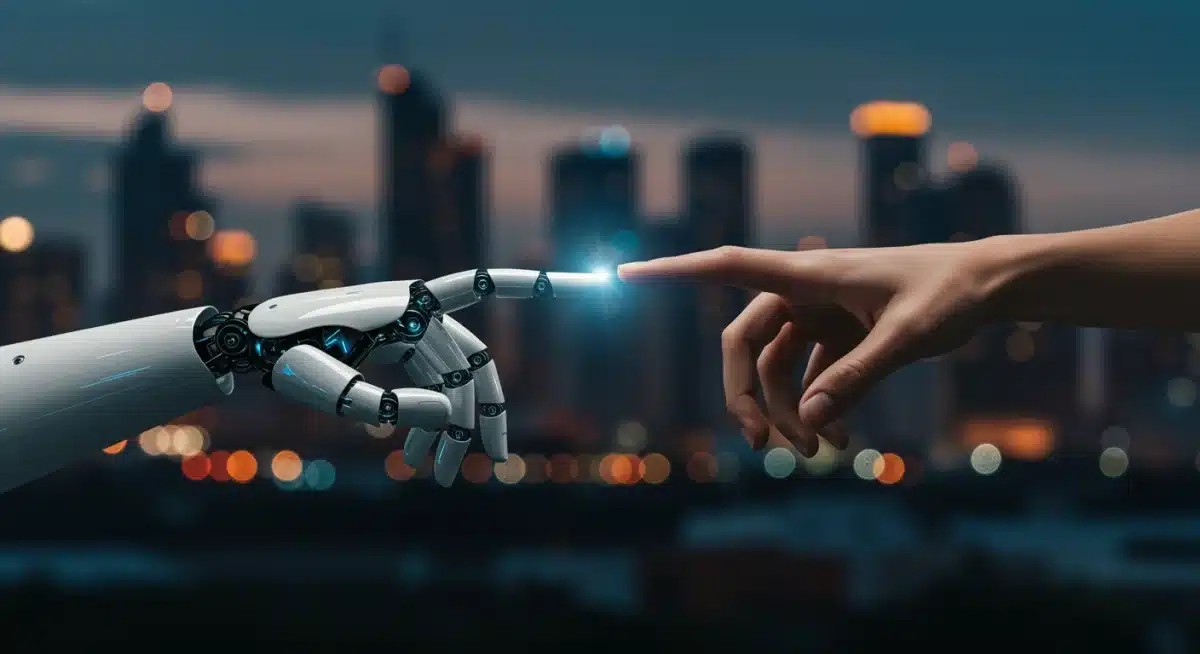 Human and robotic hands touching, symbolizing AI and humanity interaction and societal impact.