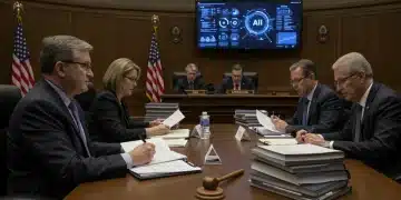 Legislators debating AI ethics legislation in a congressional hearing room.