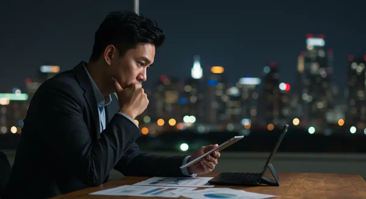 Thoughtful investor analyzing financial data, contemplating investment decisions amidst market changes.