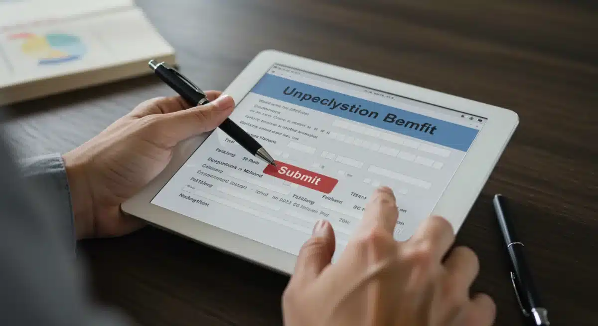 Hands filling out online unemployment benefit application