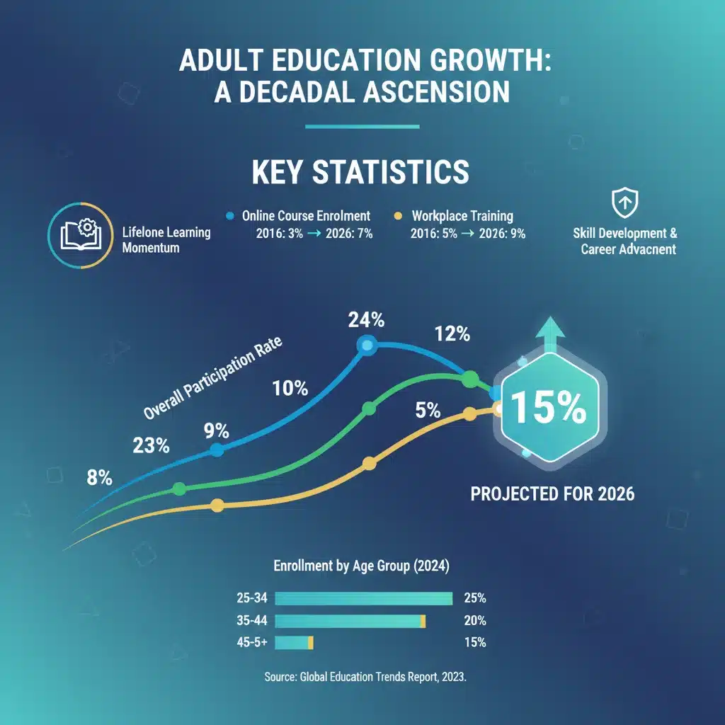 Infographic illustrating adult education growth statistics and future projections