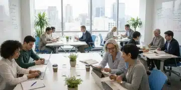 Diverse adults engaged in collaborative learning in a modern classroom