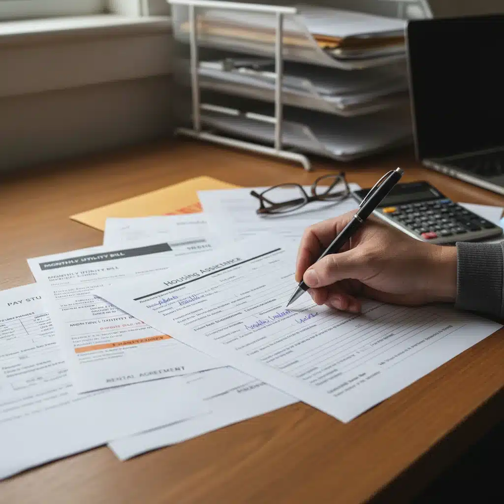 Hand filling out housing assistance application form with supporting documents