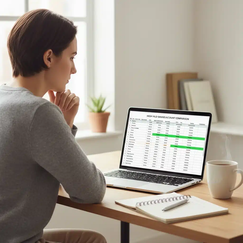 Person comparing high-yield savings account rates on a laptop, making informed financial decisions.