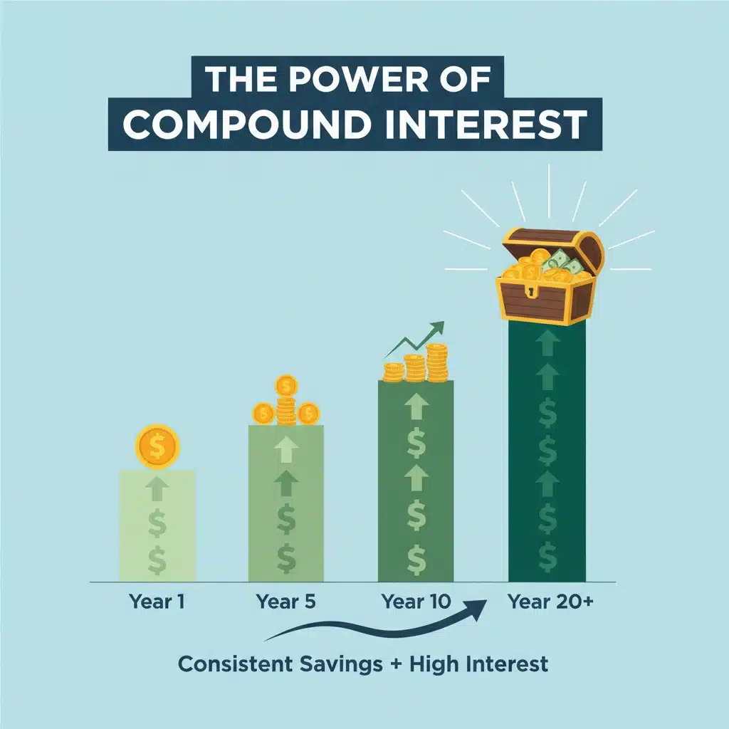 Infographic illustrating compound interest growth in a high-yield savings account over several years.