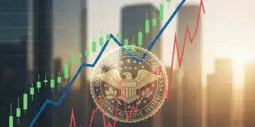 Financial graph showing rising interest rates with Federal Reserve logo overlay