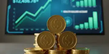 Stack of gold coins with digital growth charts in the background, representing high-yield savings and financial growth.