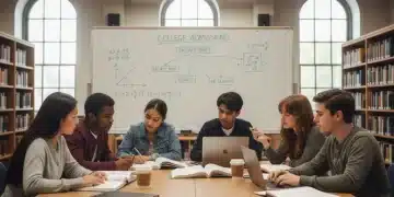 High school students studying for standardized tests in a modern library setting, actively engaged with study materials.
