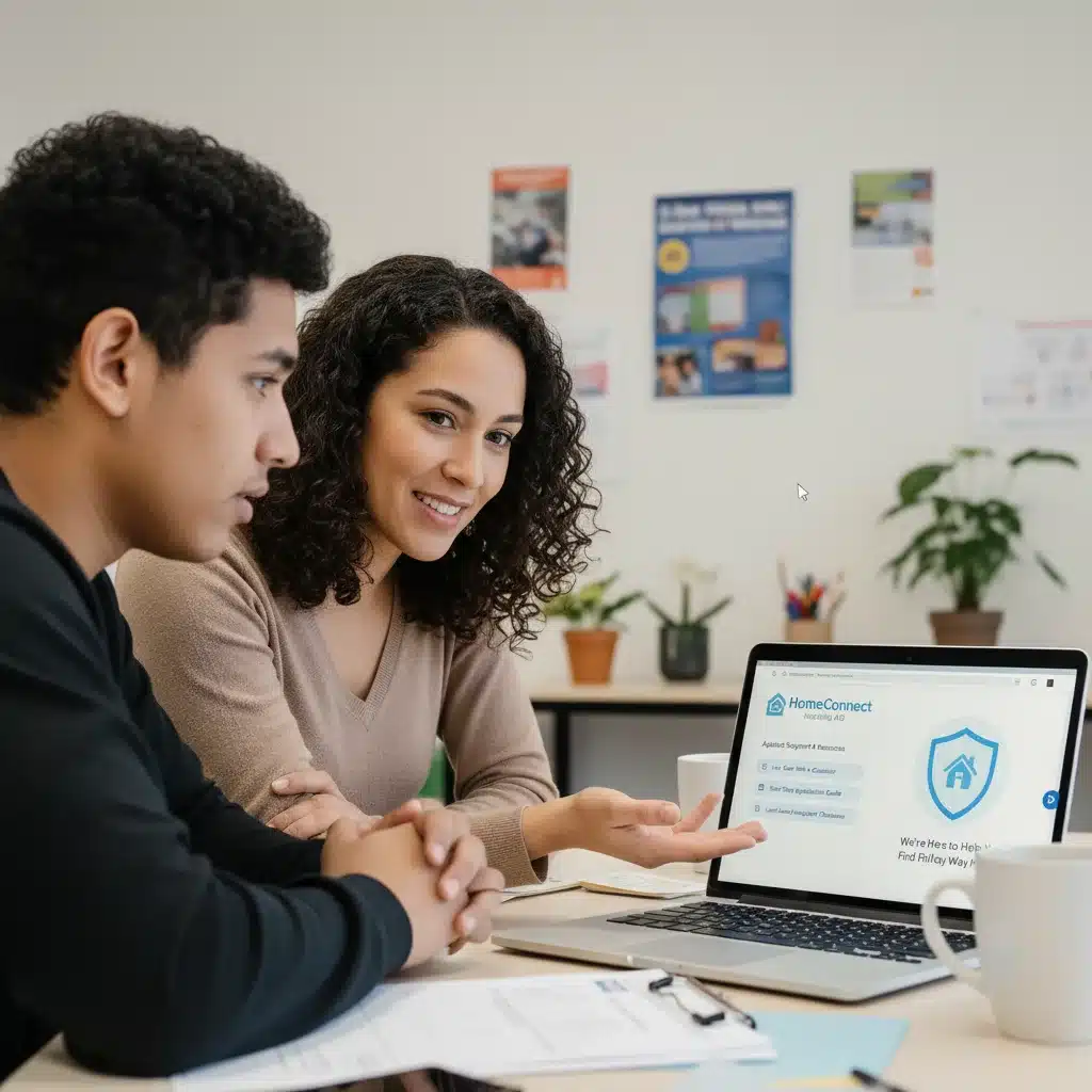 Community worker assisting individual with online housing aid resources
