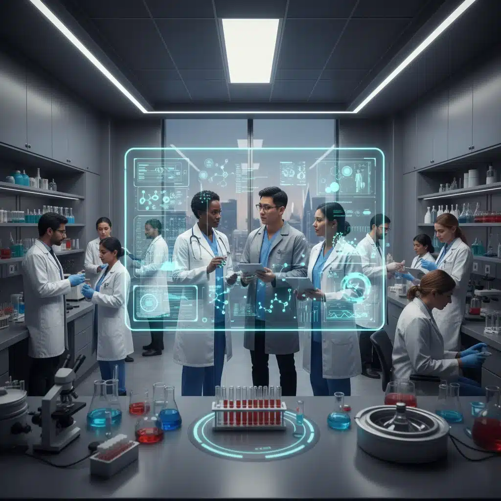Medical professionals collaborating on drug research and development
